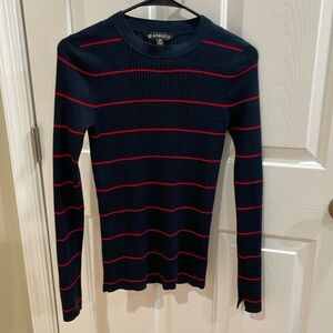 Athleta Bayside 100% Merino Wool Blue and Red Striped Ribbed Sweater